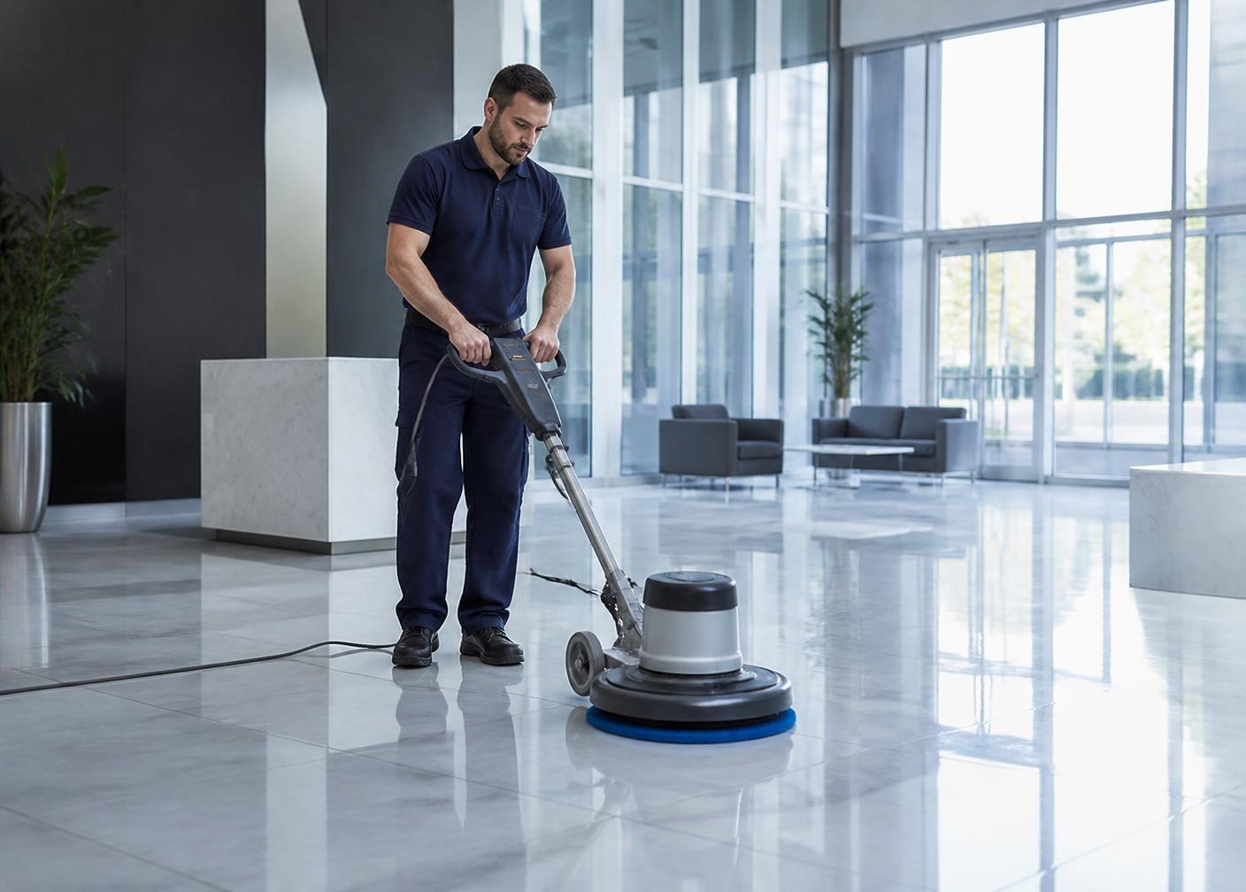 Commercial cleaning operative polishing the floor of a modern office reception