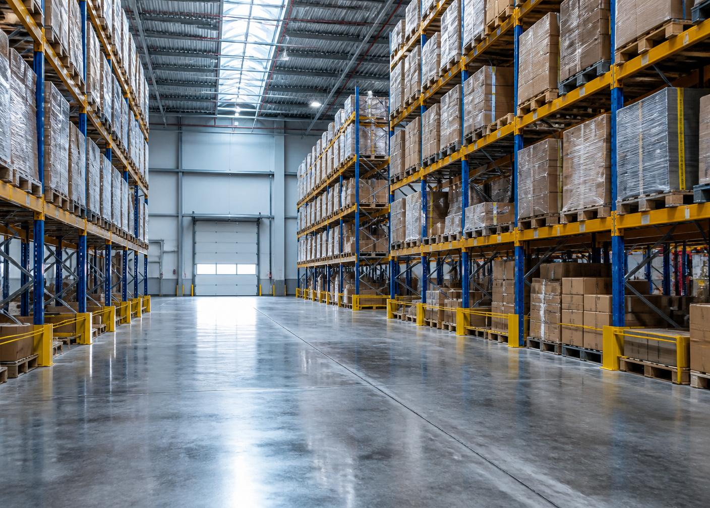 Clean warehouse interior with racking and polished concrete floor